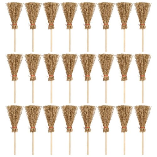 Healifty 24pcs Mini Broom Hanging Decoration Straw Craft Decoration Artificial Miniature Brooms Simulation Witch Brooms for Fairy Garden Dollhouse Accessories Light Brown