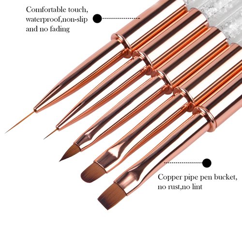 Ycyan 5Pcs Nail Art Brush Set Rhinestone Handle Gel Polish Nail Art Design Brushes with UV Gel Nail Brush, Nail Art Liner Brush, Nail Drawing Brush for Salon and Home DIY Manicure Rose Gold