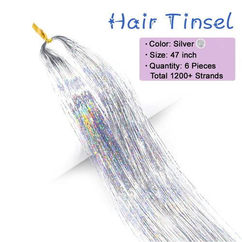 MISSUHUI Hair Tinsel Kit With Tools 48 Inch 1200 Strands Glitter Tinsel Hair Extensions Sparkling Shiny Hair Tinsel Strands Kit Heat Resistant for Women Girls 6Pcs (Silver)