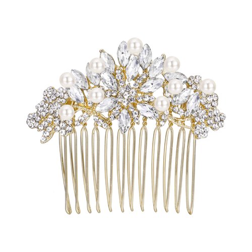 EVER FAITH Wedding Hair Accessories Crystal Simulated Pearl Bridal Hair Comb Flower Hair Piece for Bride Bridesmaids Clear Gold-Tone