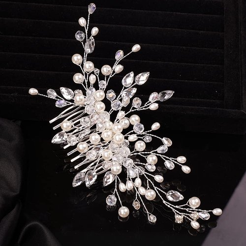 Teyglen Crystal Pearl Rhinestone Hair Comb and Headpieces for Women - Wedding Hair Accessories (Silver)