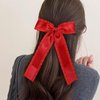 Red Ruffle Ribbon Hair Bow Clips Long Tail for Women Girls 5.5" Big Christmas New Year Satin Tassel Hair Barrettes Toddler Teens Kids Valentines Dress Decor Accessory Gift