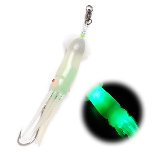 Dr.Fish Saltwater Squid Fishing Lures, 6" LED Fishing Lures 6/0 Hooks Squid Jig Halibut Lincod Jig Salmon Trolling Lures Deep Drop Light Flasher Offshore Lures Mackerel Tuna Striper Lures Green
