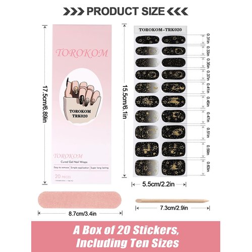 TOROKOM Cured Gel Nail Strips, Black Moon Gel Nail Strips Long Lasting Waterproof Real Nail Polish Strips Wraps Stickers With Cuticle Stick, Nail File, Nail Wipes & Sealing(UV/LED Lamp Required)
