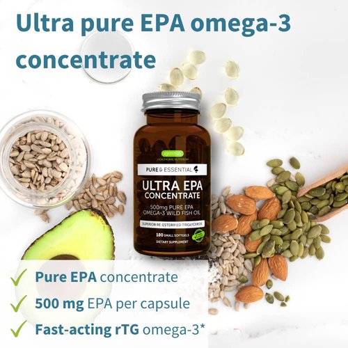 Ultra Pure EPA, Omega-3 Concentrate 500 mg Wild Fish Oil, The Most Advanced rTG Triglyceride Form, Non-GMO, 180 Small softgels, Pure & Essential