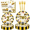 118pcs Construction 2nd Birthday Decor Construction Two Years Old Paper Dinner Plates Napkins Forks Cups Tablecloth Banner Dinnerware for Dump Truck Theme 2nd Bday Party Supplies Decorations