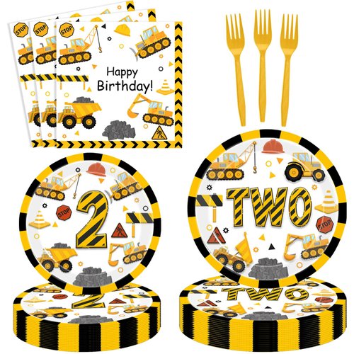 118pcs Construction 2nd Birthday Decor Construction Two Years Old Paper Dinner Plates Napkins Forks Cups Tablecloth Banner Dinnerware for Dump Truck Theme 2nd Bday Party Supplies Decorations