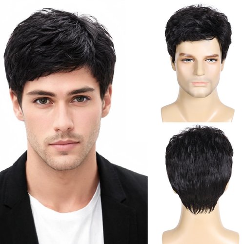 DDHAIR Mens Wigs Short Black Wigs for Men Natural Curly Layered Synthetic Full Hair Replacement Wig for Male Daily Wear Party Cospaly Costume Halloween（6inch，Black）