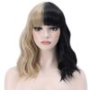 PATTNIUM Black and Blonde Wig Two Color Wig Short Curly Black Blonde Wig With Bangs Split Wig for Women Heat Resistant Synthetic Hair Cosplay Party Wig (Half Blonde Half Black)