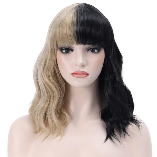 PATTNIUM Black and Blonde Wig Two Color Wig Short Curly Black Blonde Wig With Bangs Split Wig for Women Heat Resistant Synthetic Hair Cosplay Party Wig (Half Blonde Half Black)