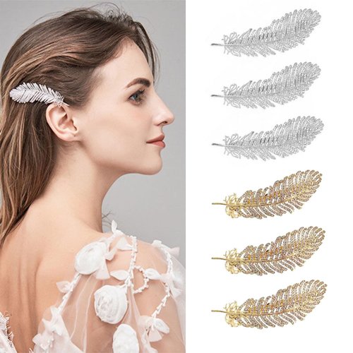 auwiyd 6 PCS Metal Rhinestone Feather Hair Clip Crystal Shining Feather-Shaped Hairpin for Women Girls Decorative Sparkling Hair Accessories Wedding Birthday Valentine’s Day Gift (Gold +Silver)