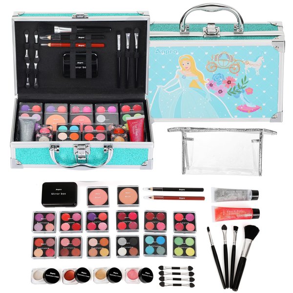 Anpro All-In-One Makeup Carry Case with Pro Teen Makeup Set, Full Starter Cosmetics Kit with Makeup Brushes, Lipsticks, Eye Shadows Palette, Blushes, Glitter Gel-Blue Leopard