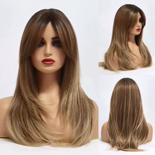Long Brown Wig for Women Curtain Bangs Wig Layered Shoulder Length Heat Resistant Synthetic Wigs for Women with Bangs 24 IN