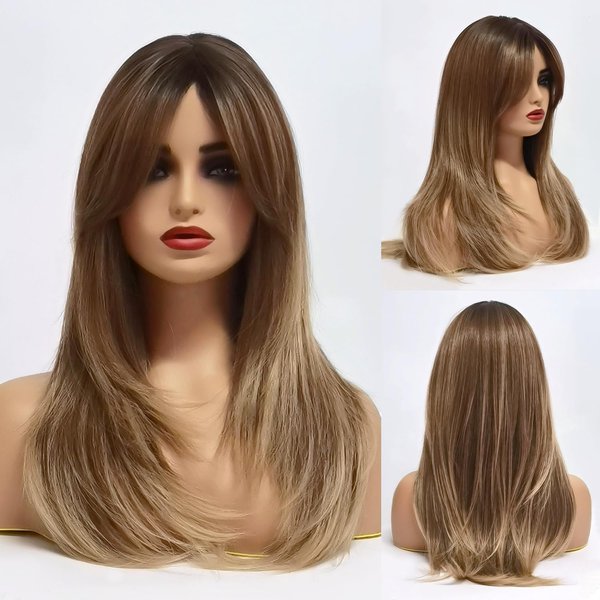 Long Brown Wig for Women Curtain Bangs Wig Layered Shoulder Length Heat Resistant Synthetic Wigs for Women with Bangs 24 IN