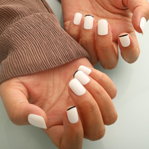 48 PCS Press On Nails, Short Square White Fake Nails, ABS Natural Fit, Reusable Stick On Nails in 12 Sizes-Soft Gel Fake Nails Kit, Salon-quality, Pearl Harbor