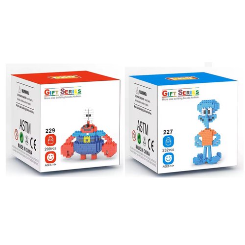 Yummy Baby Products Micro Mini Building Blocks Anime Character Collectable Set, Ages +14, Toys Gifts for Kids and Adults (2 Pack) (Snail/Plankton) (Set 4)