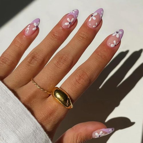 24Pcs Press on Nails Medium Almond Shaped Fake Nails Purple French Tip False Nails with Flower Designs Spring Glue on Nails Full Cover Stick on Nails Acrylic Nails for Women Girls