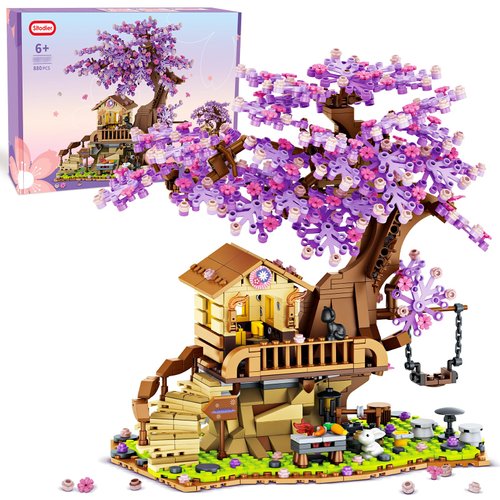 Sitodier Cherry Blossom Tree House Building Toy, 880pcs Cherry Blossom Bonsai Building Set with LED Light for Girls Aged 6-14, Flowers House Construction Set for Kids 6 7 8 9 10 11 12+