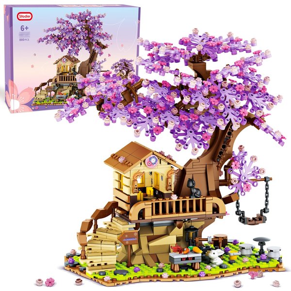 Sitodier Cherry Blossom Tree House Building Toy, 880pcs Cherry Blossom Bonsai Building Set with LED Light for Girls Aged 6-14, Flowers House Construction Set for Kids 6 7 8 9 10 11 12+