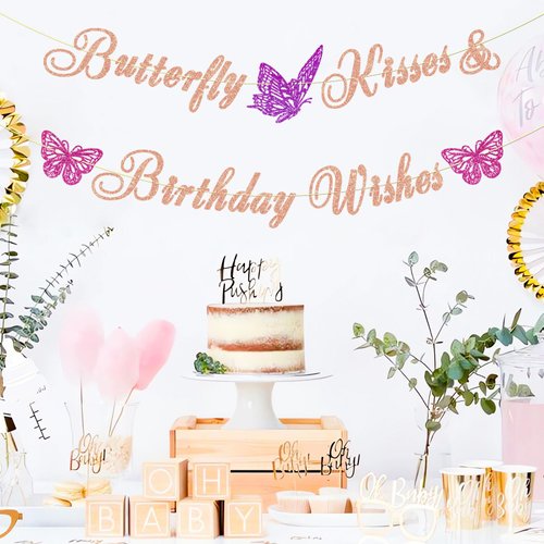 Ushinemi Glitter Butterfly Birthday Decorations Rose Gold Butterfly Kisses and Birthday Wishes Banner for Girl, Butterfly Themed Birthday Party Supplies