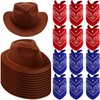 24 Pieces Western Cowboy Hat Set, Felt Cowboy Themed Party Hats with Paisley Bandanas for Adult Kids Cowboy Costume Party (Brown, Red, Blue)