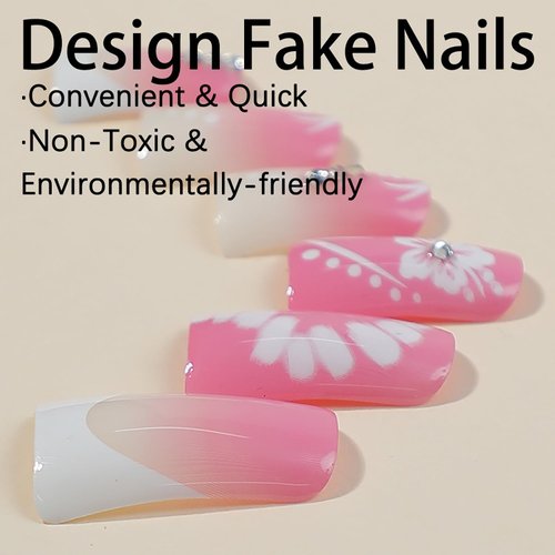 White French Tips Press on Nails Duck Shaped 24Pcs Glossy Full Cover Acrylic Short Rhinestone False Nails with Floral Designs Artificial Fake Nails with Charm Glue Stick on Fingernails for Women