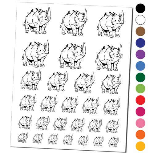 Jolly White Rhinoceros with Bird Friends Temporary Tattoo Water Resistant Fake Body Art Set Collection - Black (One Sheet)