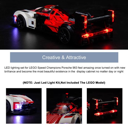 BrickBling LED Lighting Compatible with Lego Speed Champions Porsche 963 76916 Model Car; New 2023 Light kit Compatible with Lego Porsche 963; Light up Your Race Car-No Model