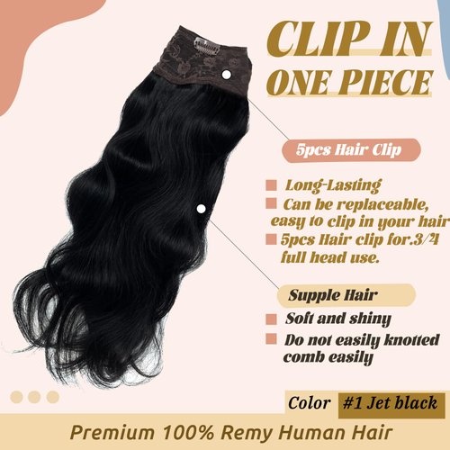 Body Wavy Black Clip in Hair Extensions Real Human Hair,Jet Black Double Weft 18inch 100% Real Hair Extensions Clip ins Jet Black One Piece with 5 Clips 3/4 Full Head Extensions for Short Hair