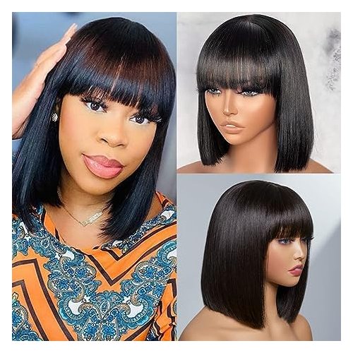 LIQINGSI Short Bob Wig Human Hair Convenient To Wear Cozy Straight Human Hair Bob Wig With Bangs Black Bob Hair Glueless Wigs human hair with Bangs 100% Brazilian Virgin Human Hair Wigs