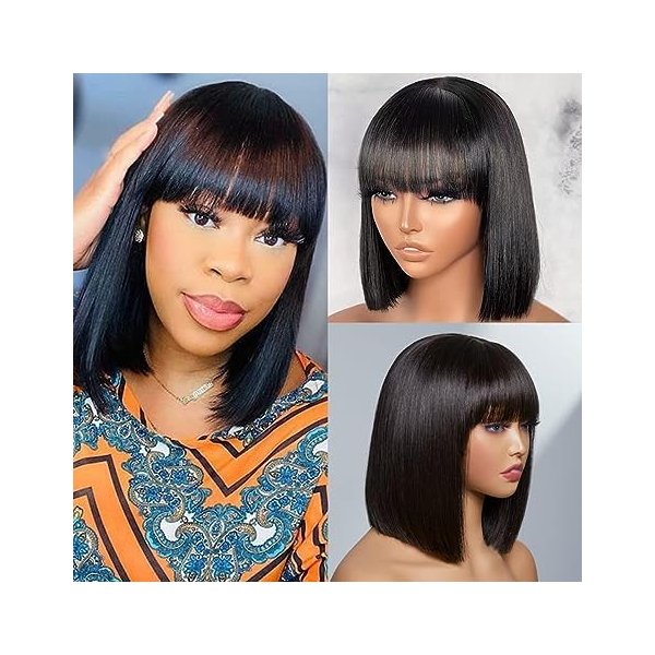 LIQINGSI Short Bob Wig Human Hair Convenient To Wear Cozy Straight Human Hair Bob Wig With Bangs Black Bob Hair Glueless Wigs human hair with Bangs 100% Brazilian Virgin Human Hair Wigs