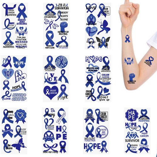 WANDIC 30 Sheets Blue Ribbon Temporary Tattoos, Colon Cancer Awareness Tattoo Sticker Prostate Ca...