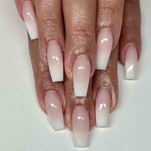 Foccna Coffin Press on Nails Pink Long False Nails Acrylic Artificial Nails Simple Glossy Gradient Fake Nails with Ballerina Nails for Women and Girls -24Pcs