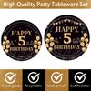 EMrups 96PCS 5th Birthday Party Plates Set Black and Gold Theme Decorations Include Black Gold Plates and Napkins Forks for 5 Year Old Boys Girls Birthday Party Supplies Serves 24 Guests