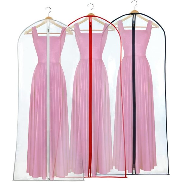 HANGERWORLD 72inch Long Dress Bag Garment Protector Covers - Pack of 3, Showerproof Clear PEVA Plastic, Mixed Color Trim