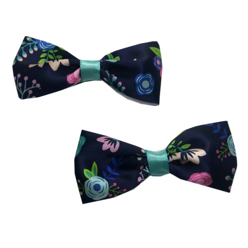 Handmade Navy Floral Girls Hair Bow Set, Little Girl Bows, Pigtail Hair Bows, Toddler Hair Bows,
