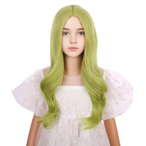 DUDUWIG Children Olive Green Wig Kids Long Light Green Middle Part Wig Green Wavy Curly Wig for Girls Heat Resistant Synthetic Wig with Wig Cap