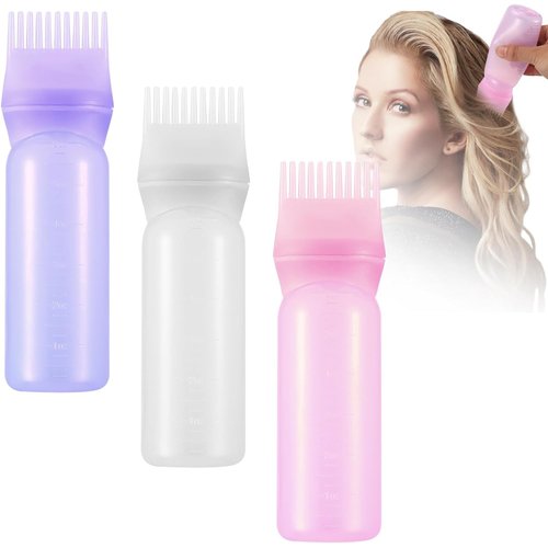 MeXmoB Root Comb Applicator Bottle, 6 Ounce Hair Color Applicator Brush, Smooth Hair Dye Comb Applicator Squeeze Bottle for Hair Dye, Water, Liquid, Oil Dispenser with Graduated Scale, 3 Pack