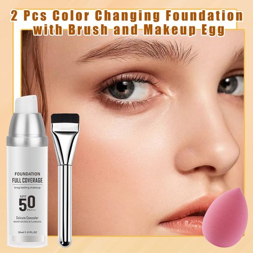 2PCS Color Changing Liquid Foundation Makeup,Flawless Full Coverage Foundation with Makeup Brush and Sponge,Non-greasy Long Lasting Moisturizing SPF50 PA+++ Face Sunscreen for Women（A)