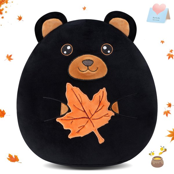 WEWILL 12-Inch Black Bear Plush Pillow - Cute Bear Holding Maple Leaf | Bear Plush Toy for Kids and Adults | Autumn Theme Decor | Black Bear Stuffed Animal Gift