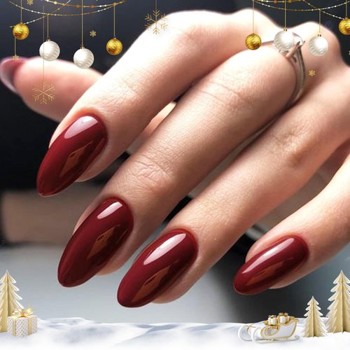 GLAMERMAID Press on Nail Medium Almond, Christmas Handmade Gothic Burgundy Jelly Gel Glue on Nail, 24Pcs Glossy Short Stiletto Reusable UV Finish Fake Nail Acrylic False Nails Manicure Kits for Women