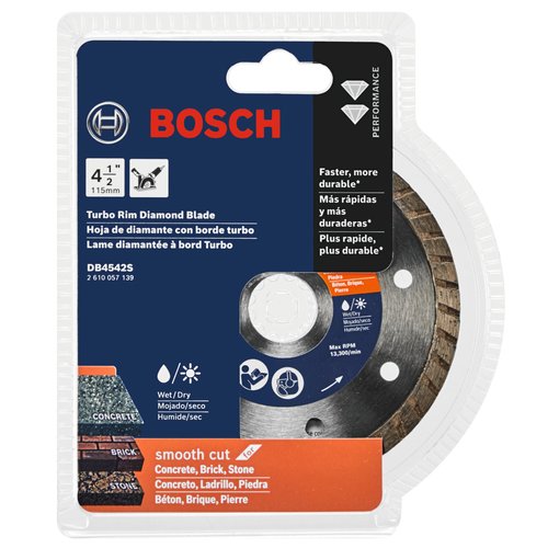 BOSCH DB4542S 4-1/2 In. Standard Turbo Rim Diamond Blade with 7/8 In. Arbor for Smooth Cut Wet/Dry Cutting Applications in Concrete, Brick, Stone, Masonry