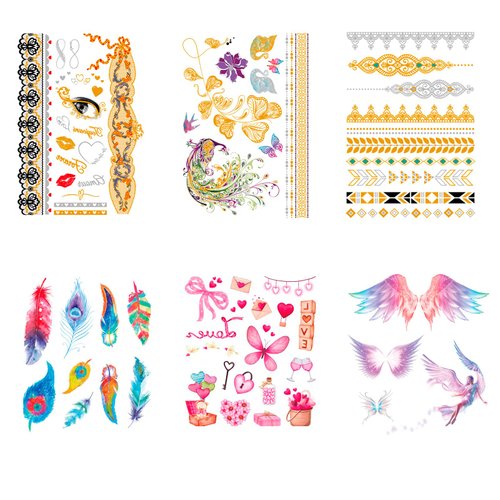 6 Sheet Women DIY Realistic Temporary Tattoos,Strong Adhesive Fake Temporary Tattoo for Birthday Pool Beach Party Decorations Supplies|Girls Face,arm,lower back,Body Waterproof Tattoo Stickers（Gold）