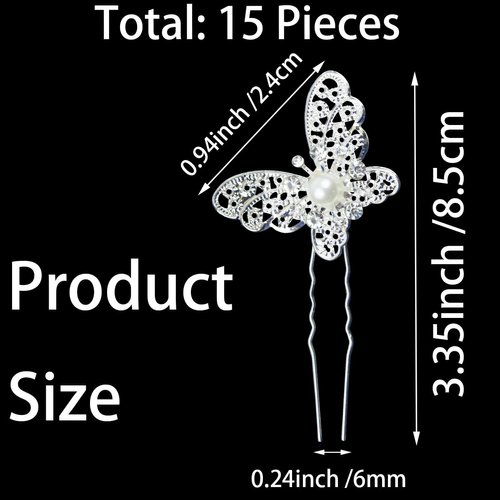 15 Pieces Butterfly Hair Pin Butterfly Hair Clips alloy Rhinestone Crystal Pearl Hair Clips Bridal Wedding Hair Pins Bride Bridesmaid Headwear Hair Accessories for Women Girls