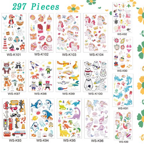 297PCS Animals Temporary Tattoos for Kids Glow in The Dark Unicorn Tattoos Sticker Luminous Waterproof Dino Temporary Tattoos for kids Christmas Party Supplies (16 Sheets Glow Style)