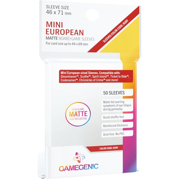 Matte Board Game Sleeves | Pack of 50 Matte Sleeves |46 by 71 mm Card Sleeves Optimized for Use with Mini European Card Games | Premium Card Protection | FFG Ruby Color Code | Made by Gamegenic