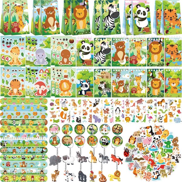 LSJDEER Wild Animals Party Favors, Jungle Safari Birthday Decorations, Animal Gifts Bags Keychain Mini Notepad Stickers Bracelets for Animal Party Supplies Kids Boys Girls