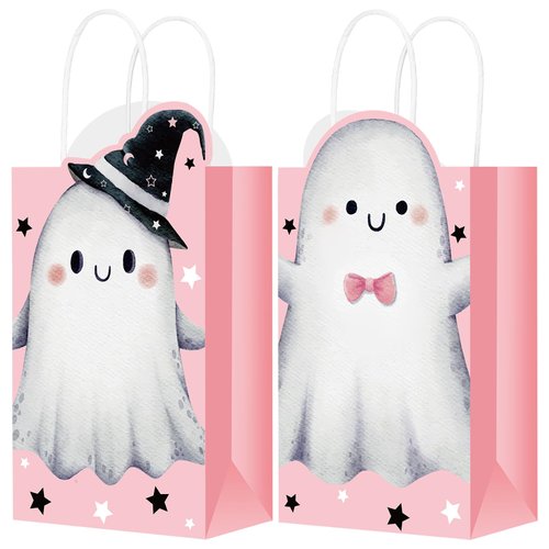 Frienda 16 Pcs Pink and Black Halloween Party Favor Bags with Handle Pink Halloween Treat Bags Pa...