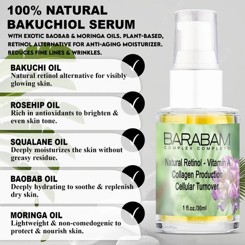 100% Natural Bakuchiol Serum with EXOTIC Baobab & Moringa Oils. Plant-based, Retinol Alternative for Anti-aging Moisturizer. Reduces Fine Lines & Wrinkles. Pregnancy Safe. Safe for Sensitive Skin.