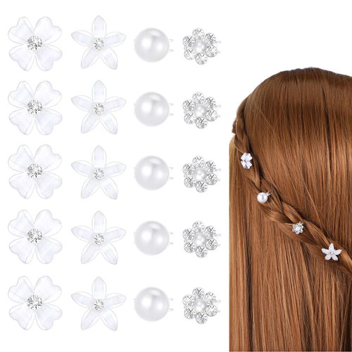 Yuanchu 20Pcs Mini Flower Hair Clips, White Flower Hair Clips with Rhinestone Cute Flower Hair Ac...